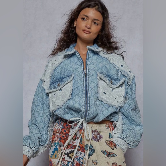 POL Balloon Sleeve Denim Quilting With Drawstring Waist Jacket - Picture 1 of 7
